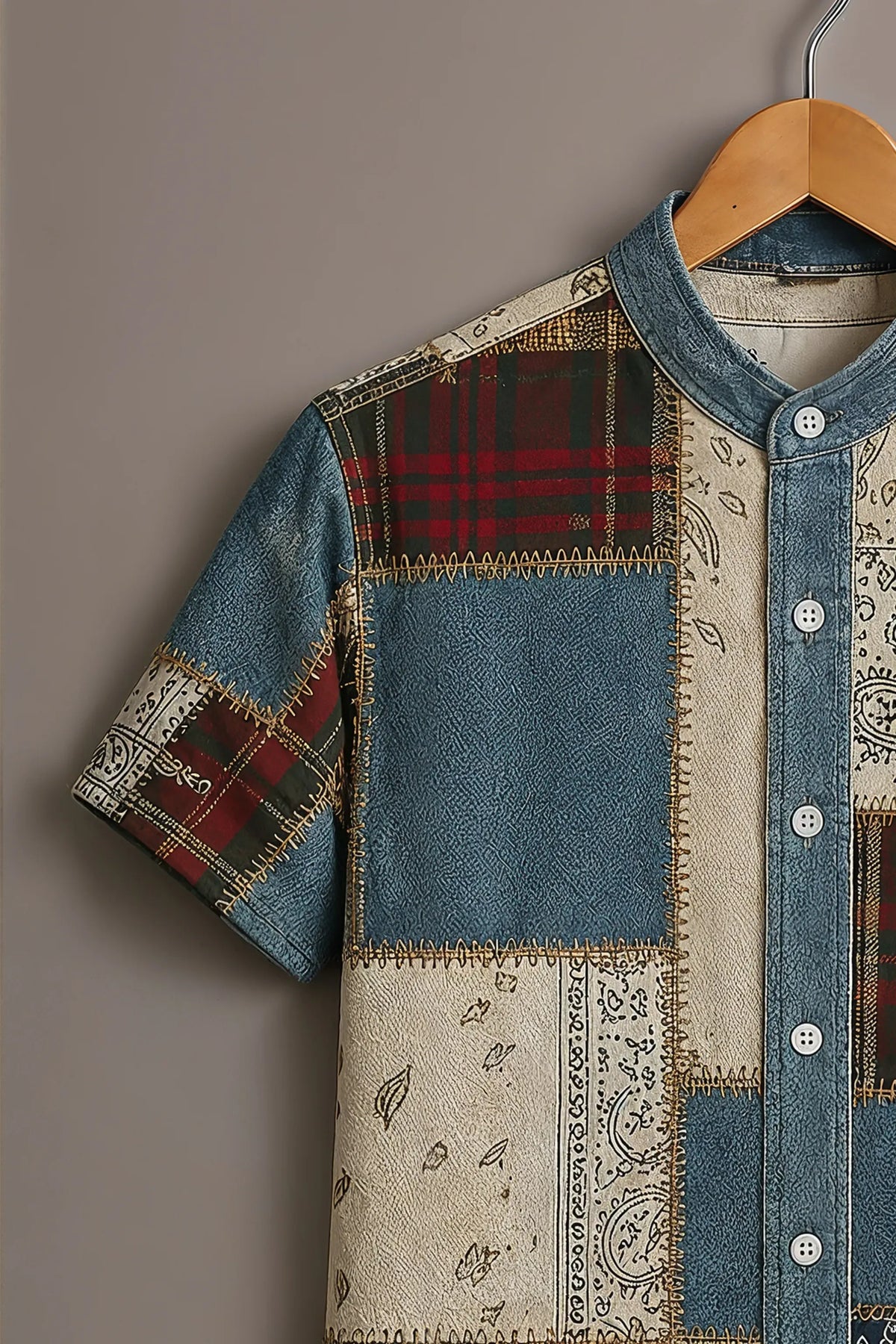 Patchwork Denim Printed Casual Shirt