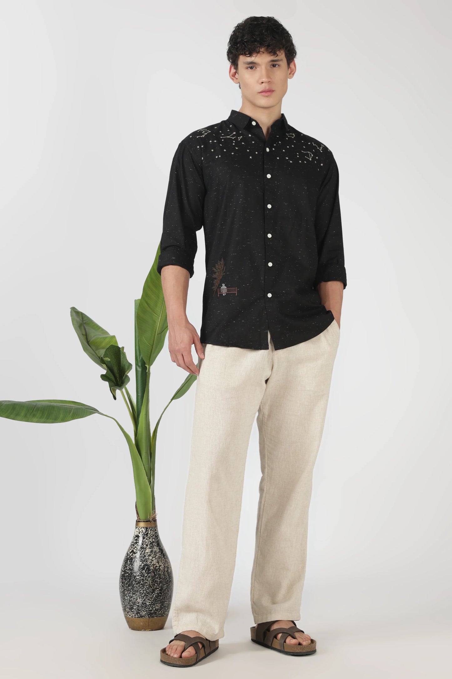 Clothica Premium Black Embroidered Cotton Casual Shirt for Men – Regular Fit Full Sleeve Designer Night Sky Print Everyday Wear