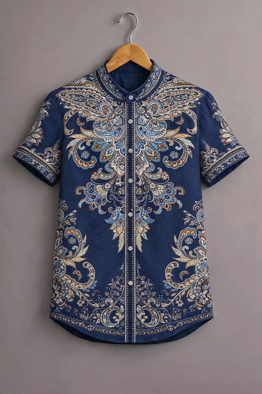 Men's Navy Blue Paisley Printed Casual Shirt