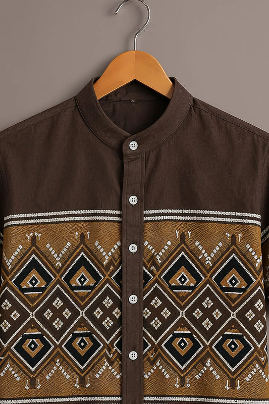 Men's Brown Geometric Printed Casual Shirt