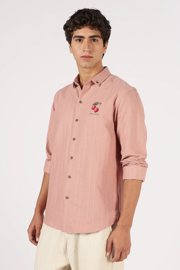 Clothica Premium Light Pink Embroidered Cotton Casual Shirt for Men – Regular Fit Full Sleeve Stylish Everyday Wear