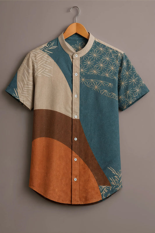 Men's Teal Blue Color Block Printed Casual Shirt