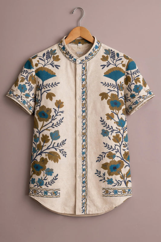 Men's Cream Floral Printed Casual Shirt