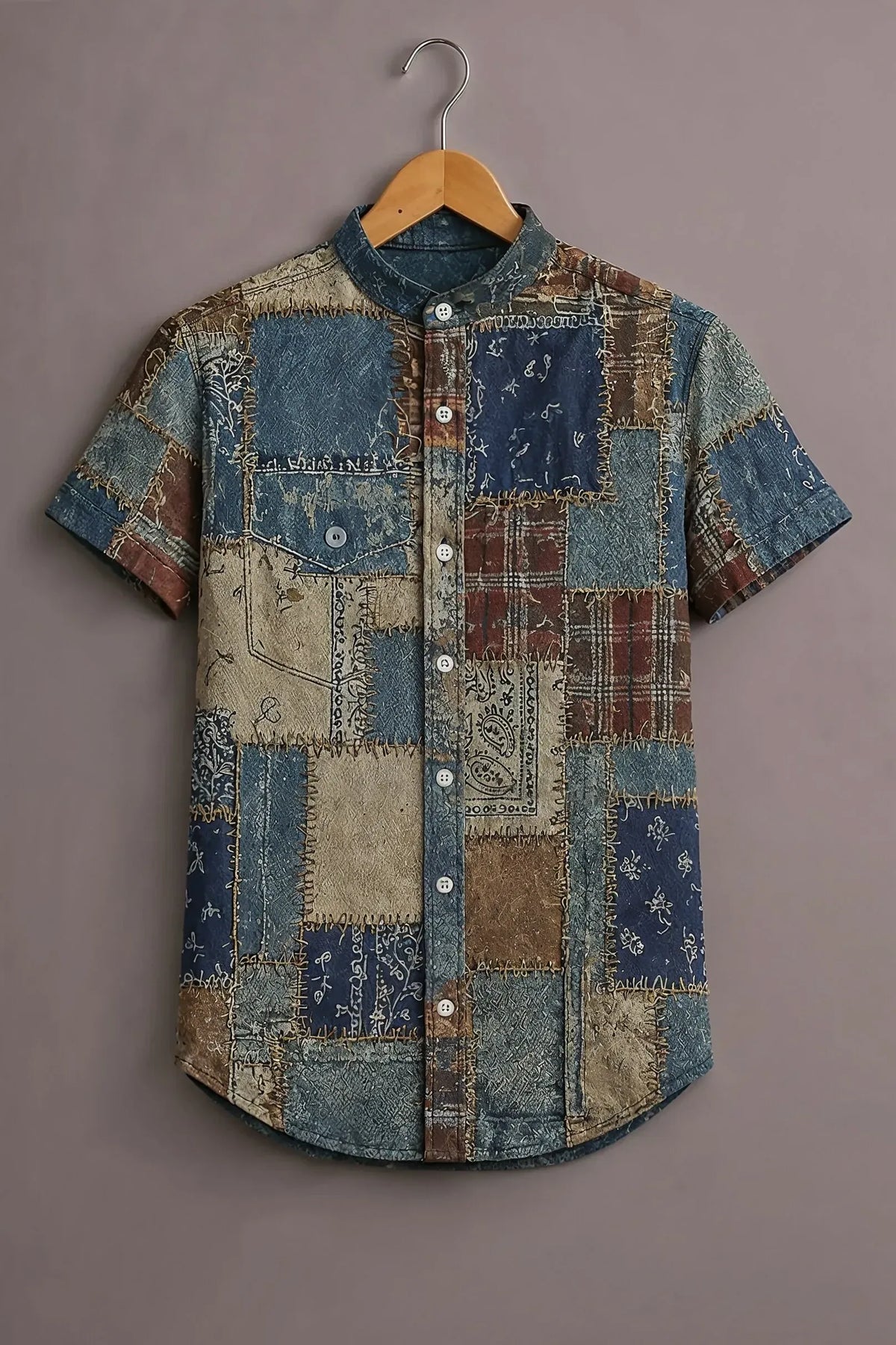 Men's Vintage Patchwork Printed Casual Shirt