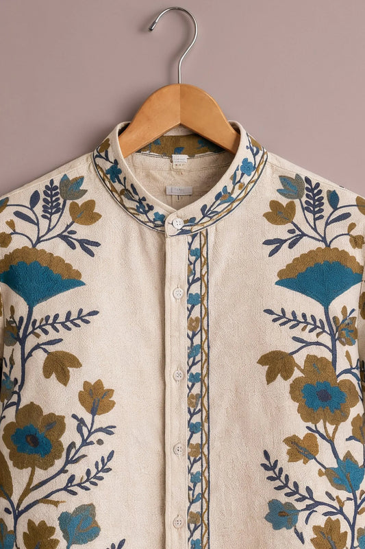 Men's Cream Floral Printed Casual Shirt