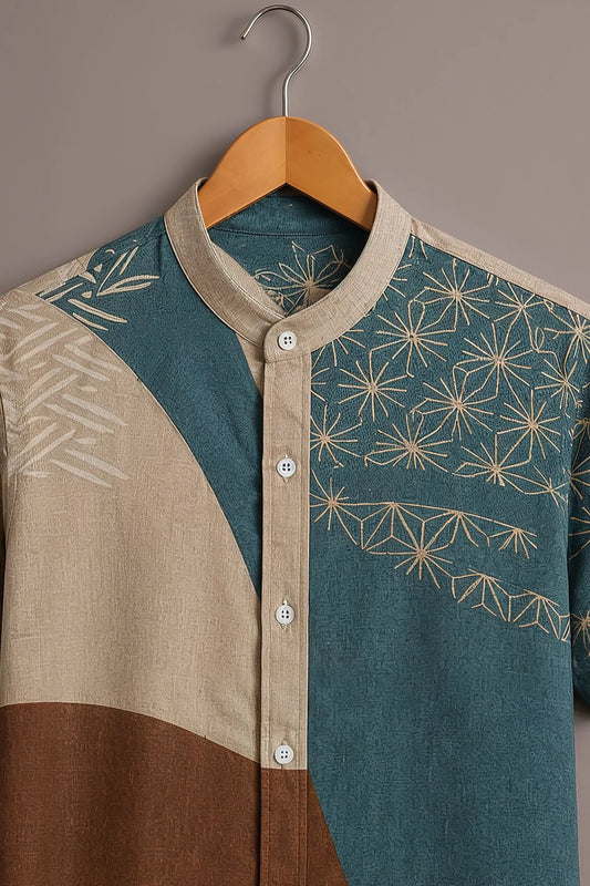 Men's Teal Blue Color Block Printed Casual Shirt