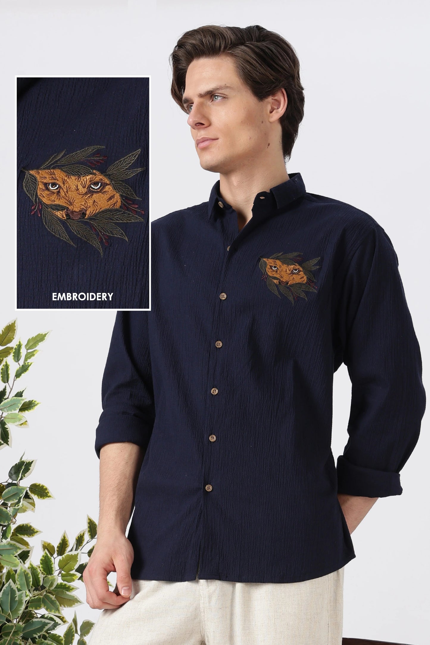 Clothica Premium Navy Blue Tiger Embroidered Cotton Casual Shirt for Men – Regular Fit Full Sleeve Designer Textured Everyday Wear