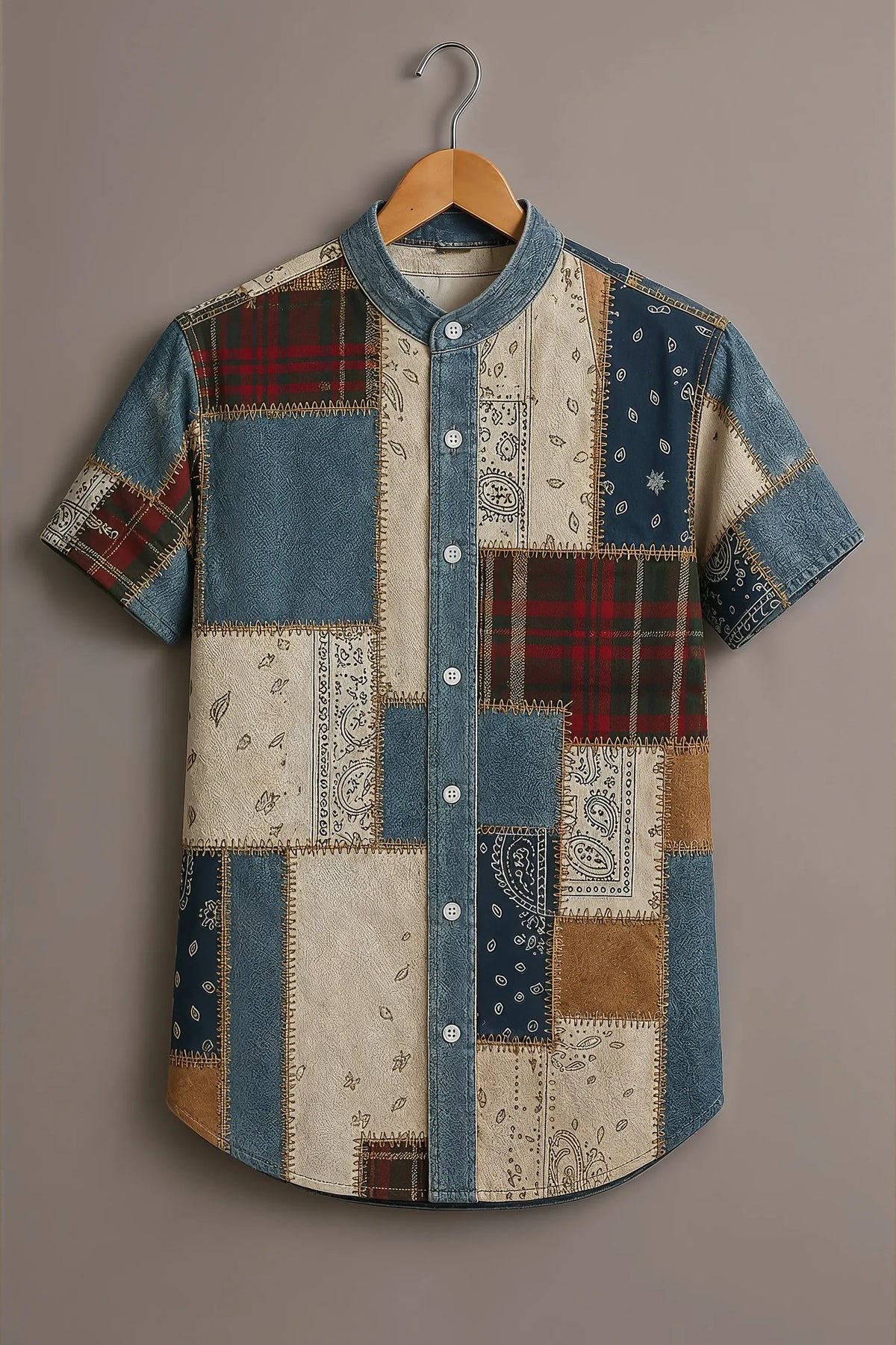 Patchwork Denim Printed Casual Shirt