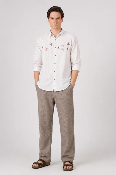 Clothica Premium Off White Embroidered Cotton Casual Shirt for Men – Regular Fit Full Sleeve Textured Designer Everyday Wear