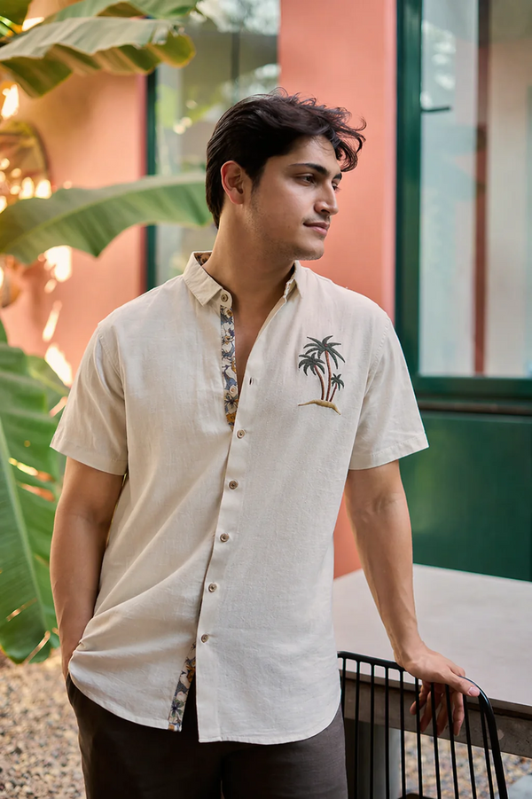 Clothica Premium Beige Tropical Embroidered Half Sleeve Cotton Casual Shirt for Men – Regular Fit Resort Wear Summer Vacation Shirt