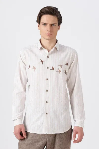 Clothica Premium Off White Embroidered Cotton Casual Shirt for Men – Regular Fit Full Sleeve Textured Designer Everyday Wear