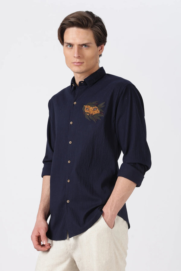 Clothica Premium Navy Blue Tiger Embroidered Cotton Casual Shirt for Men – Regular Fit Full Sleeve Designer Textured Everyday Wear