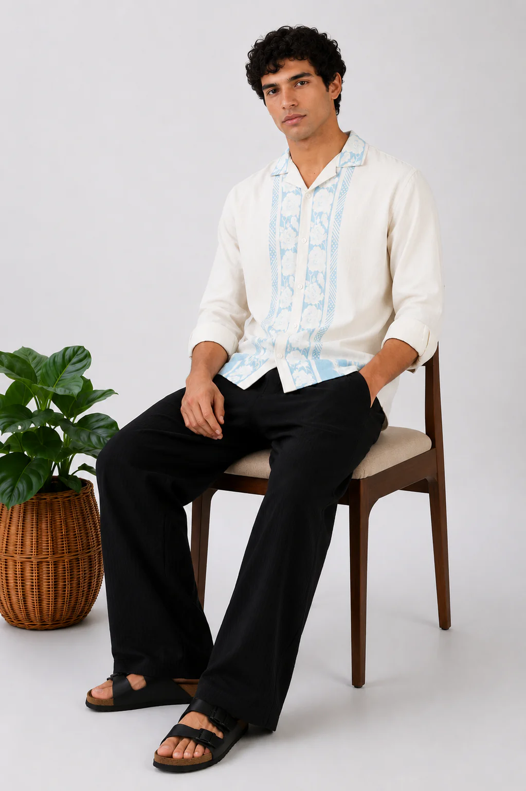 Clothica Premium Off White Cuban Collar Embroidered Cotton Casual Shirt for Men – Regular Fit Full Sleeve Resort Wear Designer Shirt
