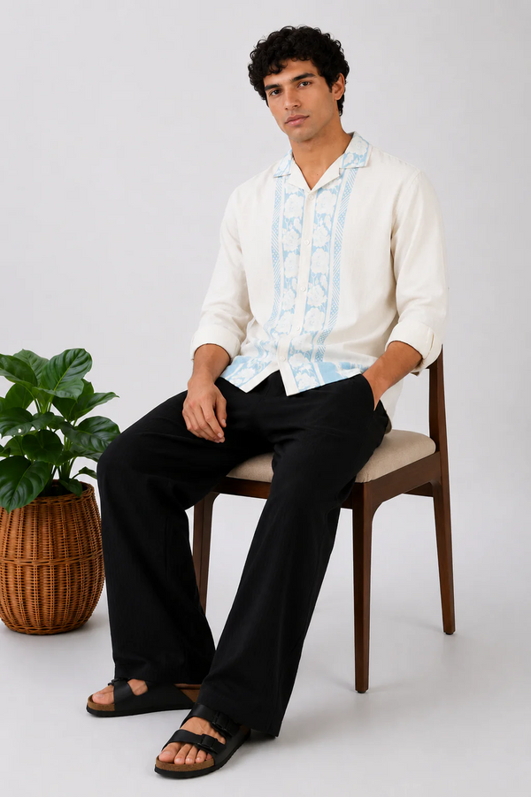 Clothica Premium Off White Cuban Collar Embroidered Cotton Casual Shirt for Men – Regular Fit Full Sleeve Resort Wear Designer Shirt