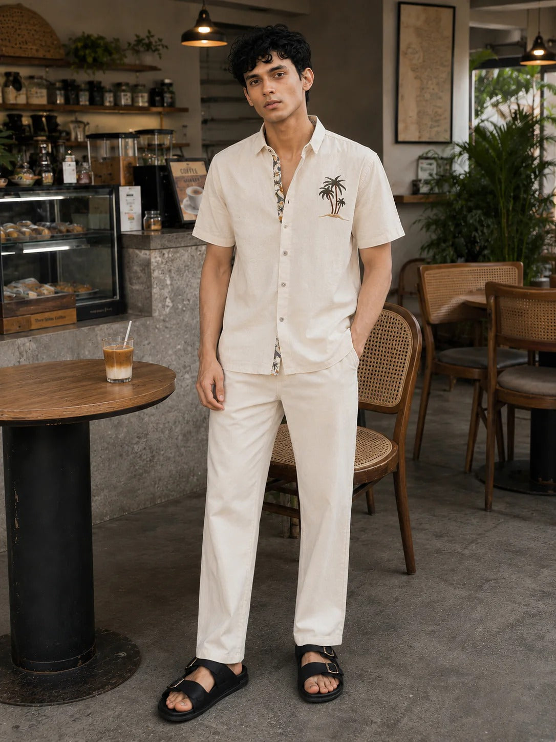 Clothica Premium Beige Tropical Embroidered Half Sleeve Cotton Casual Shirt for Men – Regular Fit Resort Wear Summer Vacation Shirt