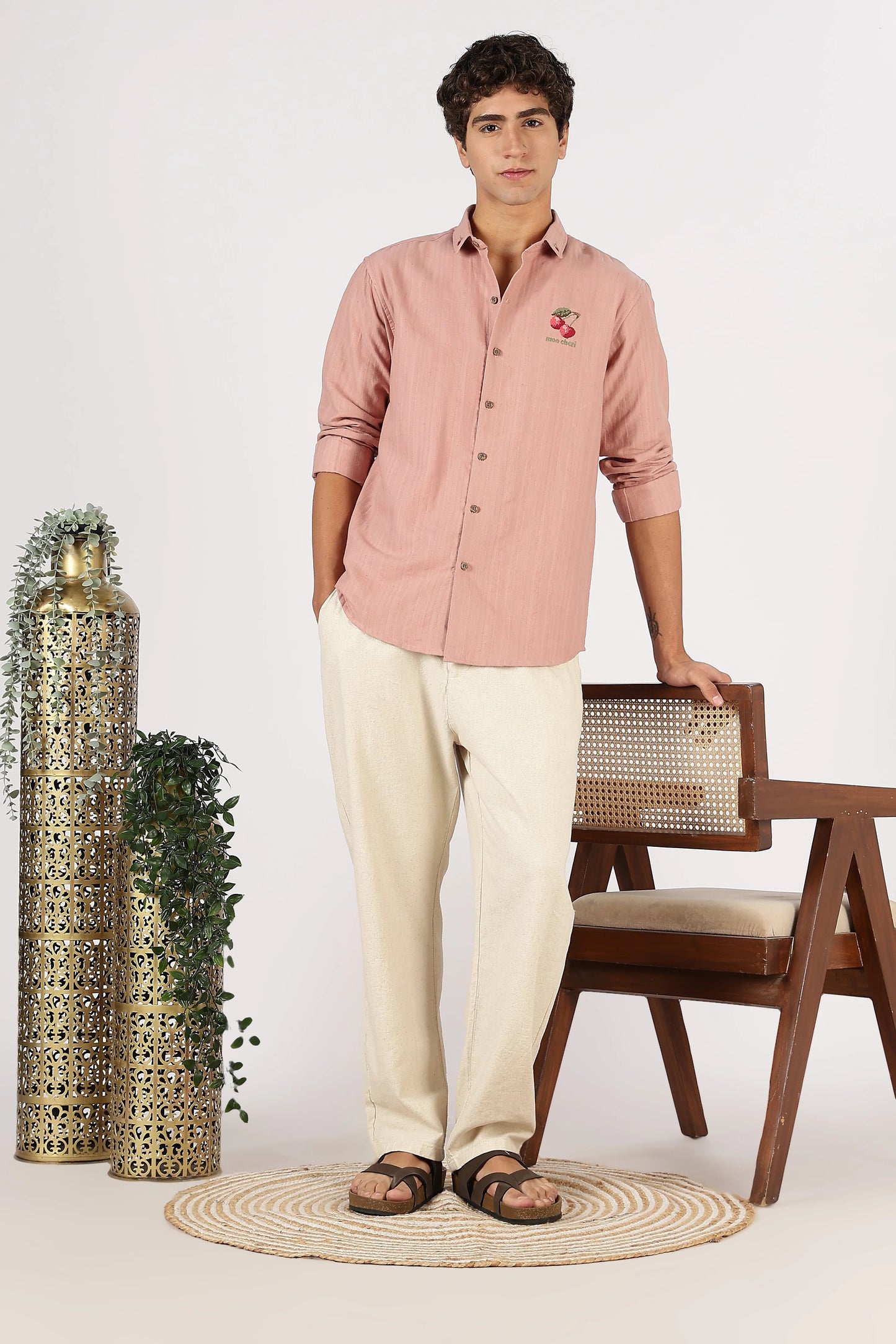 Clothica Premium Light Pink Embroidered Cotton Casual Shirt for Men – Regular Fit Full Sleeve Stylish Everyday Wear