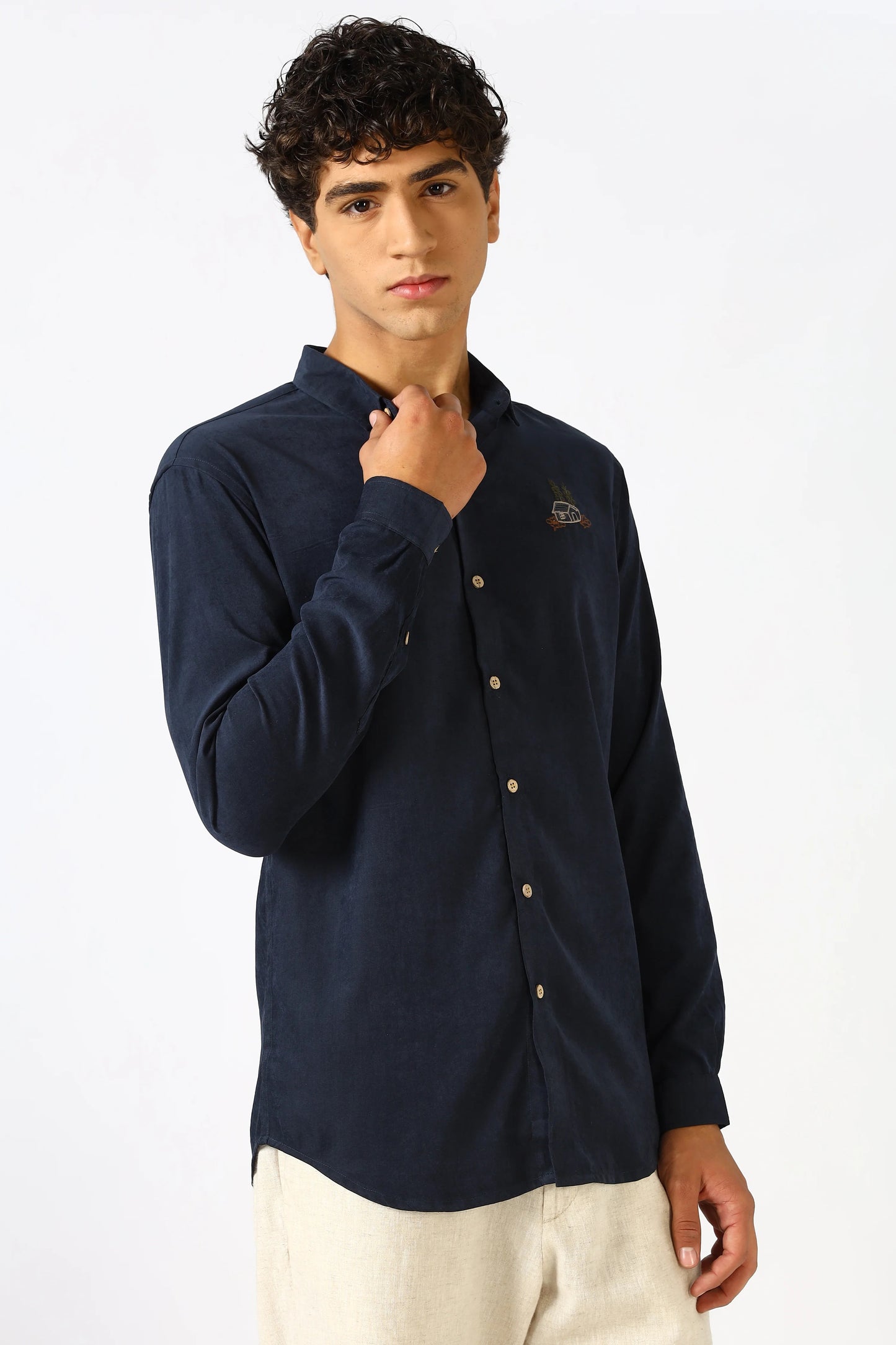 Clothica Premium Navy Blue Minimal Embroidered Cotton Casual Shirt for Men – Regular Fit Full Sleeve Classic Everyday Wear
