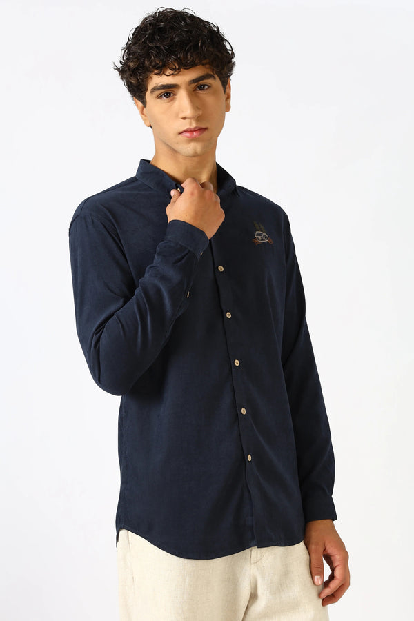 Clothica Premium Navy Blue Minimal Embroidered Cotton Casual Shirt for Men – Regular Fit Full Sleeve Classic Everyday Wear