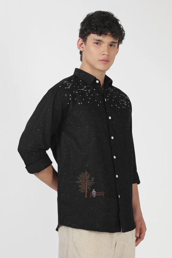 Clothica Premium Black Embroidered Cotton Casual Shirt for Men – Regular Fit Full Sleeve Designer Night Sky Print Everyday Wear
