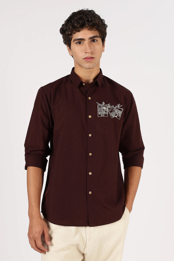Clothica Premium Dark Brown Embroidered Cotton Casual Shirt for Men – Regular Fit Full Sleeve Stylish Everyday Wear